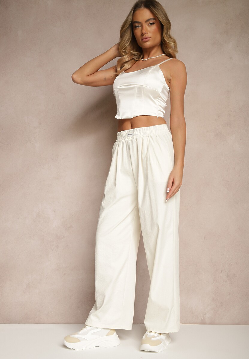 Jasnoszare Spodnie o Szerokim Kroju z Bawełną High Waist Ozdobione Naszywką Naneriela