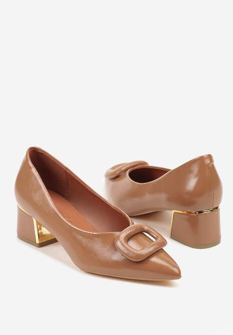 Ciemnobeżowe Czółenka Vices na Słupku z Wkładką ze Skóry Naturalnej i Klamrą Apanelle