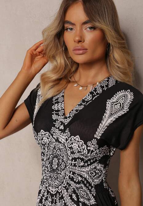 Czarna Letnia Sukienka z Gumką w Pasie Kopertową Górą i Ornamentalnym Printem Avilepea