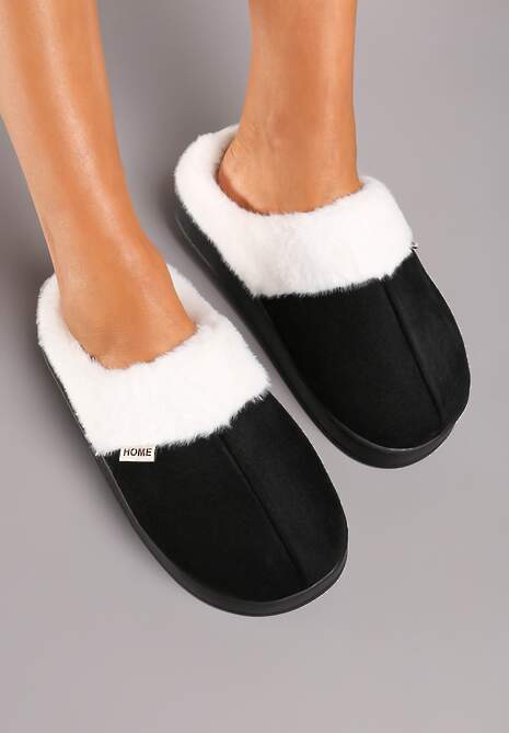 Czarne Kapcie na Płaskiej Podeszwie z Futerkiem Lerivena