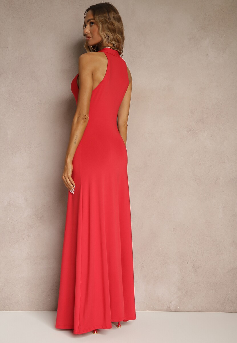 Czerwona Marszczona Sukienka z Wiskozą o Rozkloszowanym Fasonie Bez Rękawów Folonea