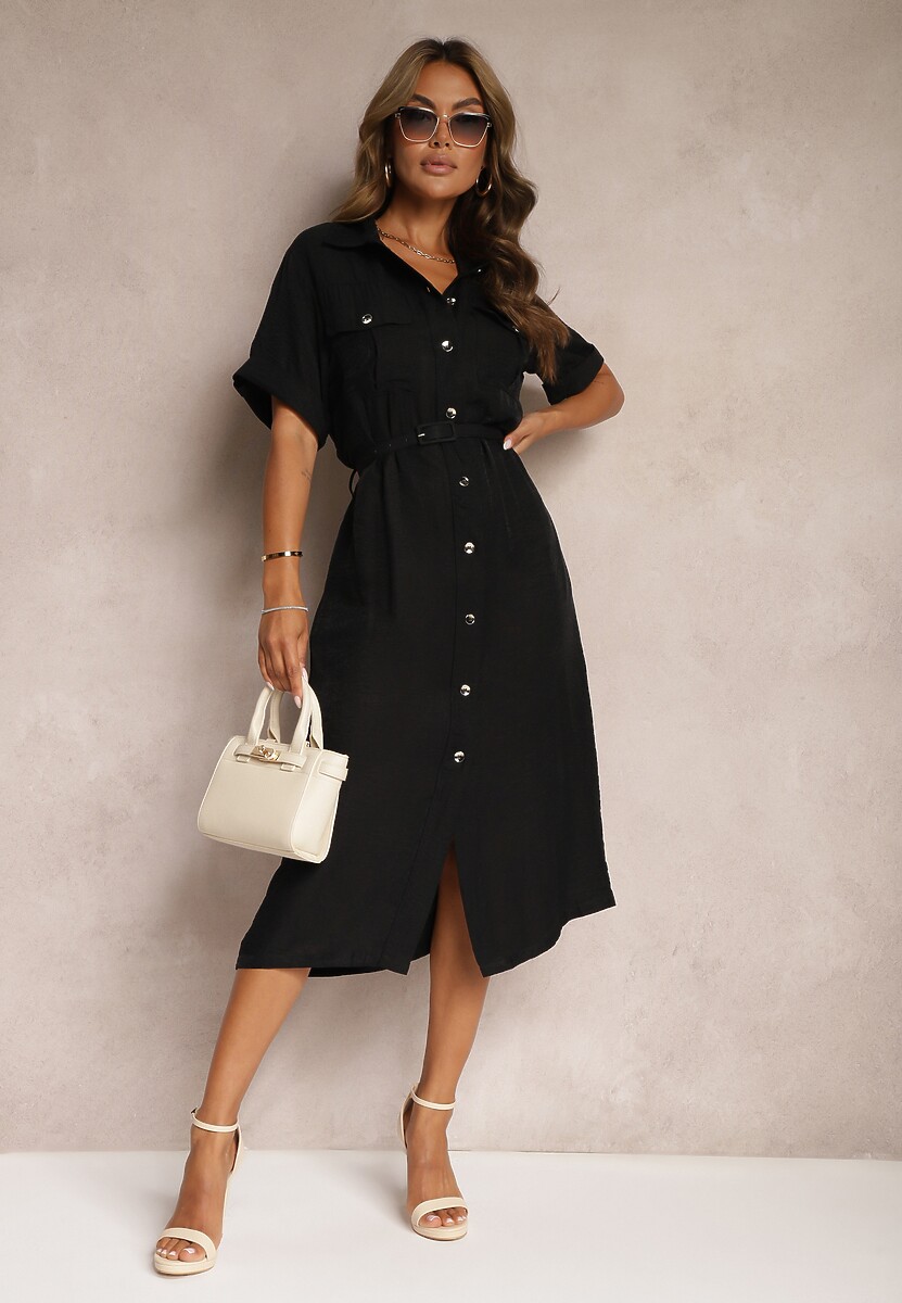 Czarna Sukienka z Wiskozy o Kroju Koszulowym Ozdobiona Paskiem Nelsines