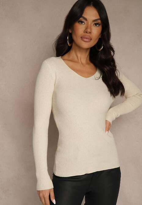 Jasnobeżowy Sweter z Bawełną z Prążkowanej Dzianiny Reisaria