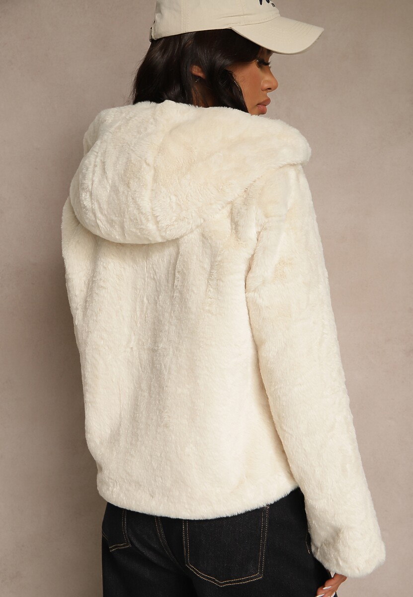 Beżowa Kurtka Futerko z Kapturem w Casualowym Stylu Nundrie