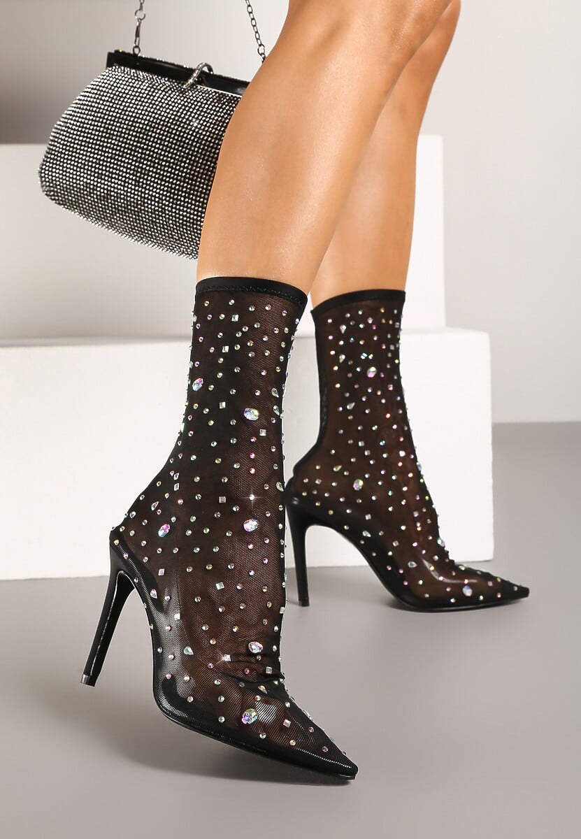 Czarne Eleganckie Botki na Szpilce z Transparentną Cholewką i Cyrkoniami Felimora