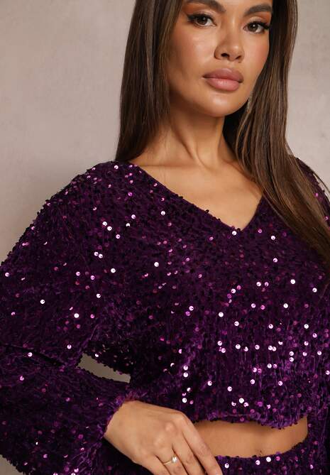 Fioletowa Cekinowa Bluzka o Luźnym Kroju Wykończona Ściągaczem Aprenna