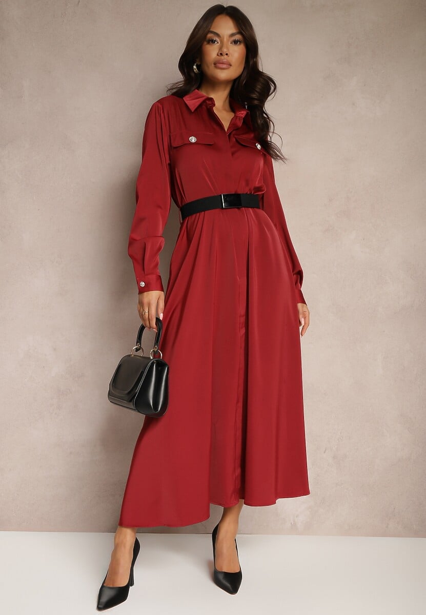 Beżowa Satynowa Sukienka w Stylu Szmizjerki z Imitacjami Kieszeni i Paskiem Vaminay