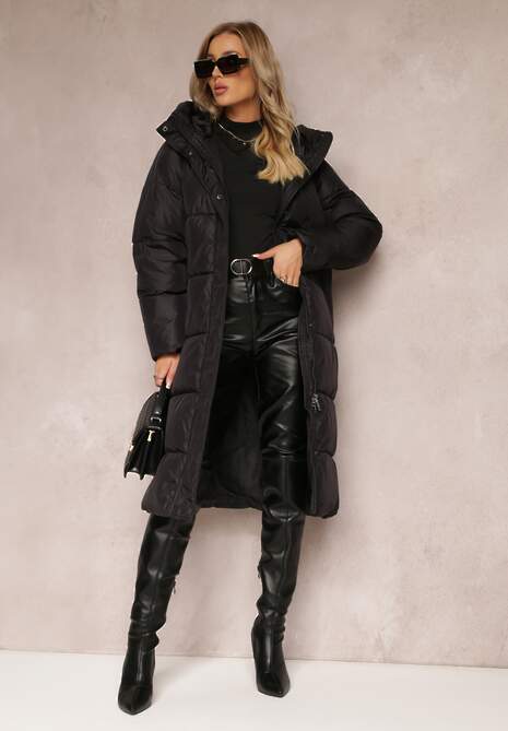 Czarna Kurtka za Kolano Pikowana z Kapturem Nafesa
