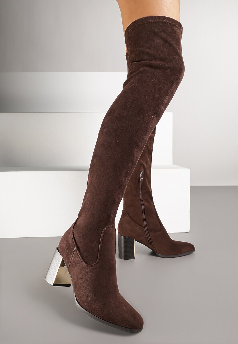 Brązowe Długie Kozaki za Kolano z Imitacji Zamszu na Metalicznym Obcasie Terephne