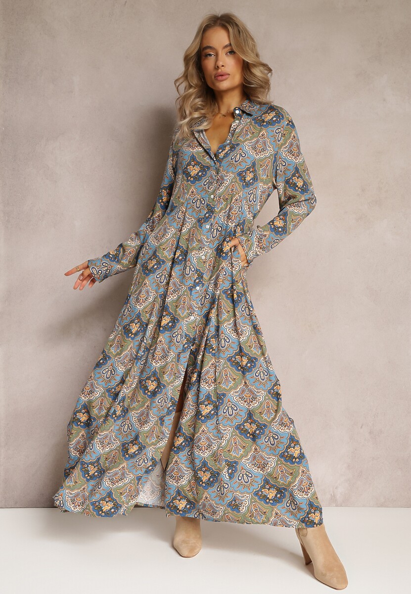 Niebiesko-Zielona Sukienka Koszulowa we Wzór Paisley Zeli