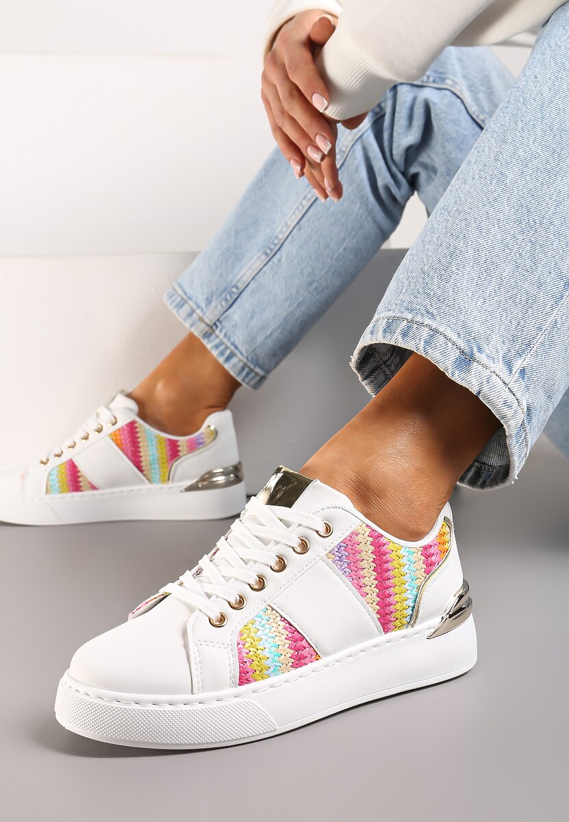 Biało-Różowe Sznurowane Sneakersy z Ekoskóry z Plecionką i Metaliczną Wstawką Josephina