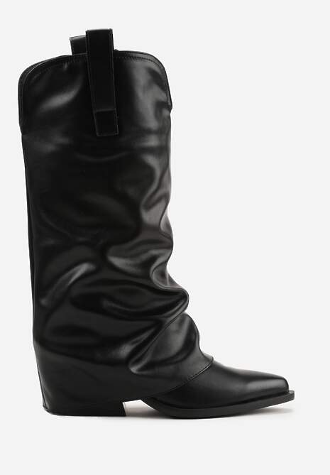 Czarne Kozaki Kowbojki na Stożku z Wywiniętą Marszczoną Cholewką Escana