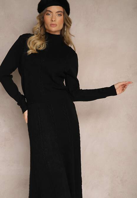 Czarny Dzianinowy Komplet w Tłoczony Wzór Sweter z Półgolfem i Rozkloszowana Spódnica Evaldira