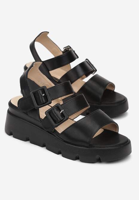 Czarne Sandały na Koturnie z Paskami ze Sprzączką Penesia