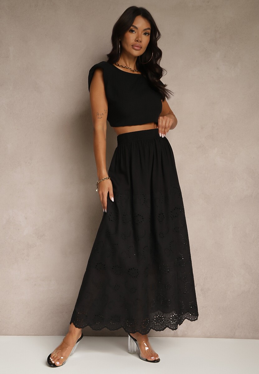 Czarna Ażurowa Rozkloszowana Spódnica z Bawełny Kolittra