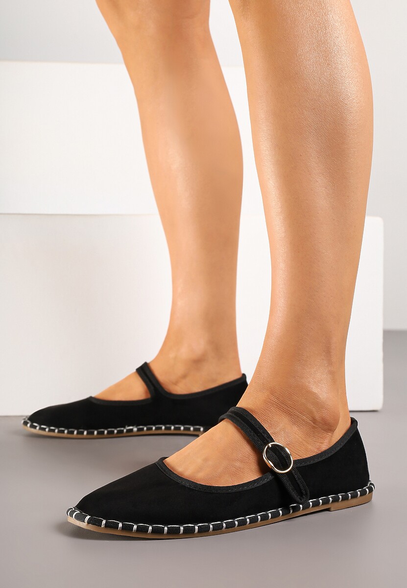 Czarne Balerinki Espadryle z Przeszyciami i Paskiem Firionea