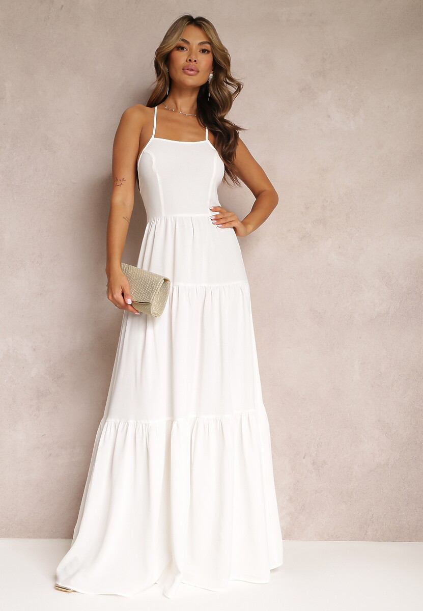 Biała Rozkloszowana Maxi Sukienka z Falbankami i Wiązaniem na Tyle Karins