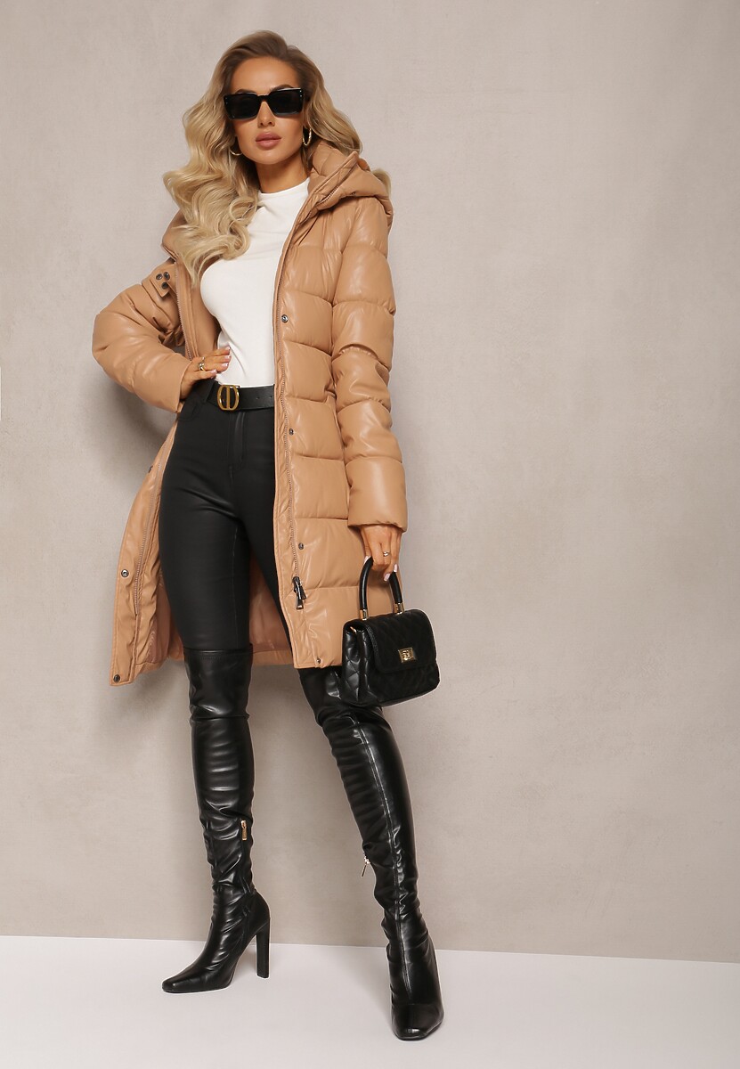 Ciemnobeżowa Wiskozowa Kurtka z Imitacji Skóry z Ozdobnym Pikowaniem z Paskiem i Kapturem Gersja