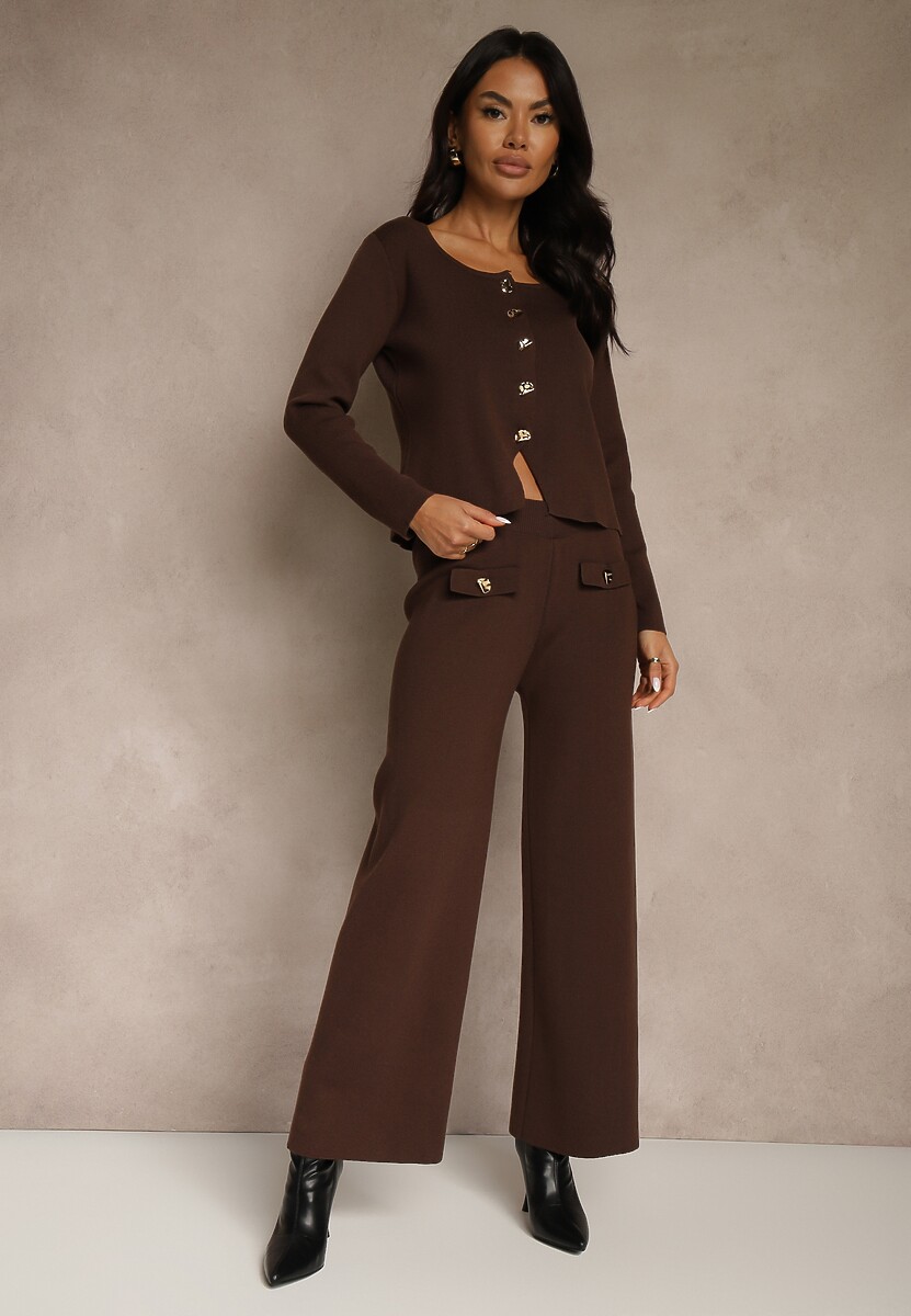 Granatowy Elegancki Komplet z Dzianiny z Wiskozą Kardigan i Spodnie Delinavea