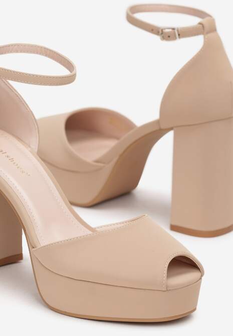 Ciemnobeżowe Sandały Peep Toe Na Wysokim Słupku i Platformie Melanish