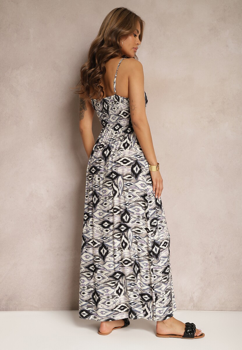 Biało-Czarna Wiskozowa Sukienka z Dekoltem w Serek z Regulowanymi Ramiączkami i Gumką w Talii Bellastar