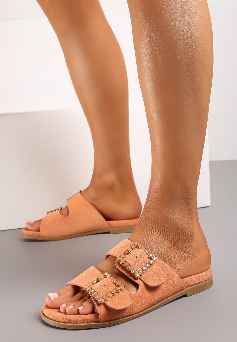 Pomarańczowe Klapki z Dwiema Klamrami na Ekozamszowych Paskach Vapire