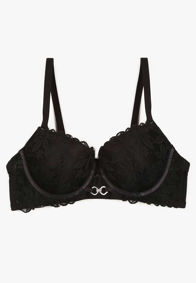 Czarny Biustonosz Push Up Ozdobiony Koronką z Odpinanymi Ramiączkami z Regulacją Bilania