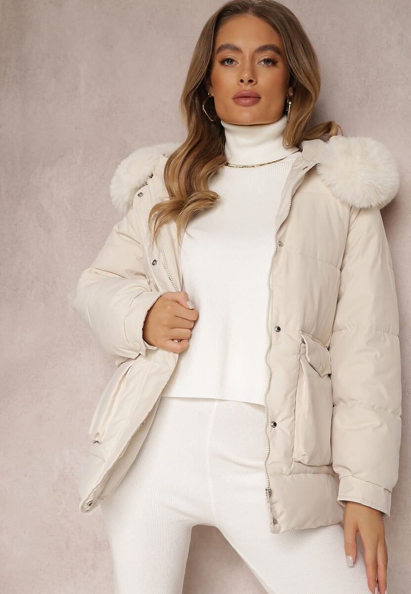 Jasnobeżowa Kurtka Pudełkowa z Odpinanym Futerkiem Bastebius