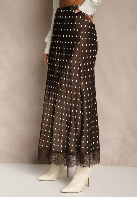 Brązowa Spódnica z Wiskozy High Waist Ozdobiona Kropkami i Koronką Monivia