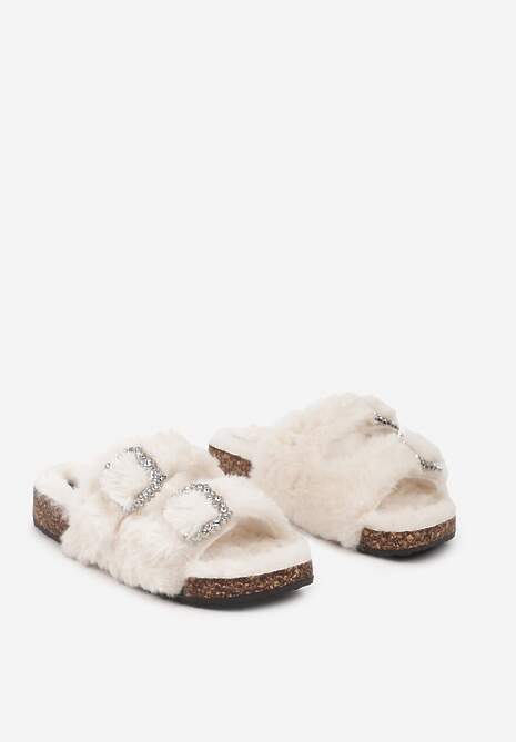 Beżowe Klapki z Futerkiem na Korkowej Podeszwie Ozdobione Cyrkoniami Belilae