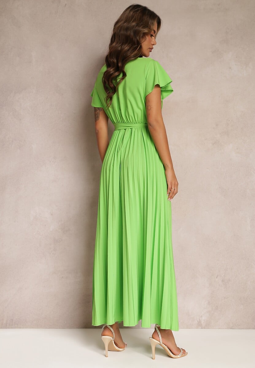 Zielona Koktajlowa Maxi Sukienka Ozdobiona Plisami z Trójkątnym Dekoltem i Wiązaniem w Talii Phoelia