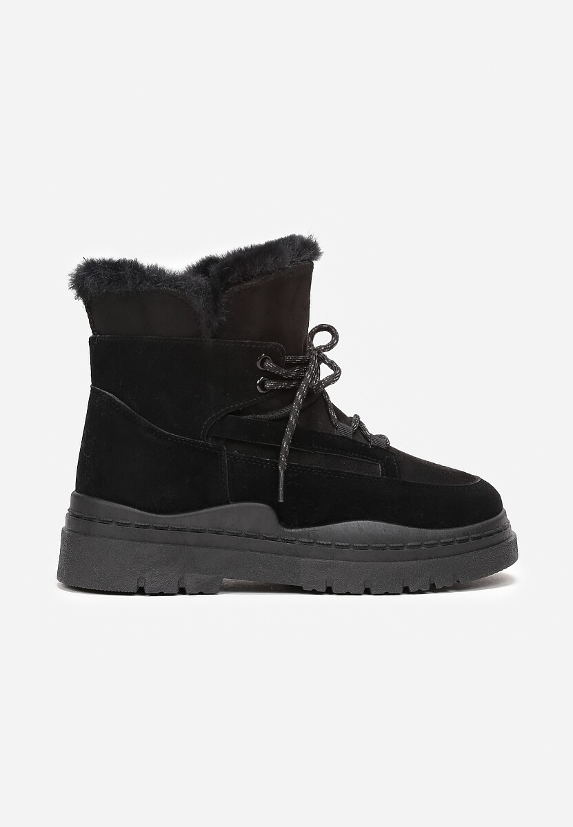 Czarne Śniegowce na Platformie z Dekoracyjnym Wiązaniem i Futerkiem Cynra