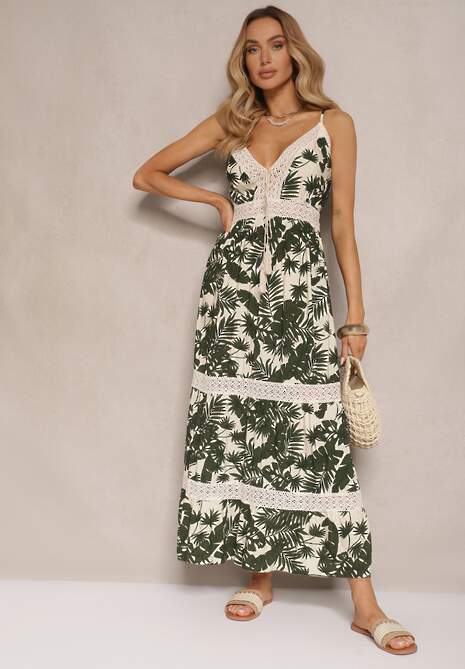 Jasnobeżowa Rozkloszowana Sukienka z Bawełny w Tropikalny Print z Koronką Alulora