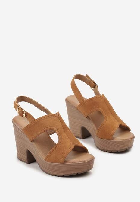 Brązowe Sandały Typu Chodaki na Słupku i Platformie Zapinane przy Kostce Racia