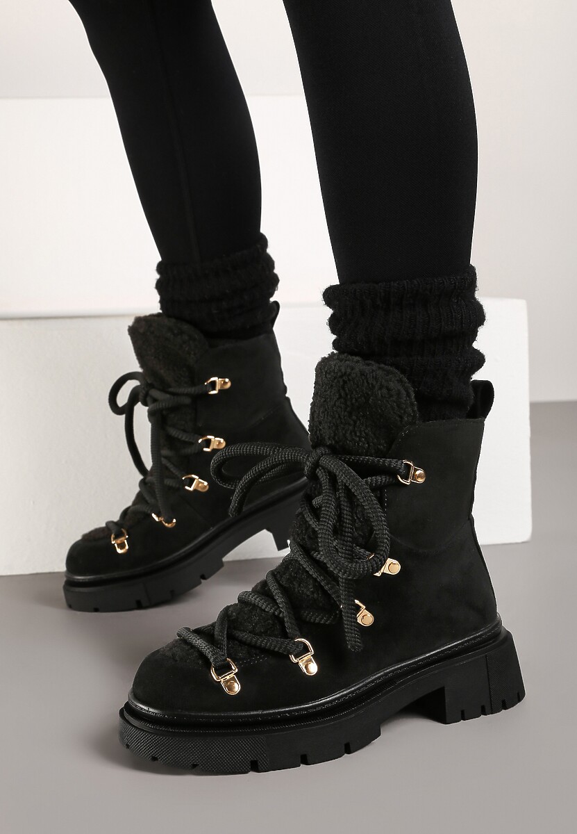 Czarne Traperki Wiązane na Sznurek Ozdobione Kożuszkiem Sidonnie