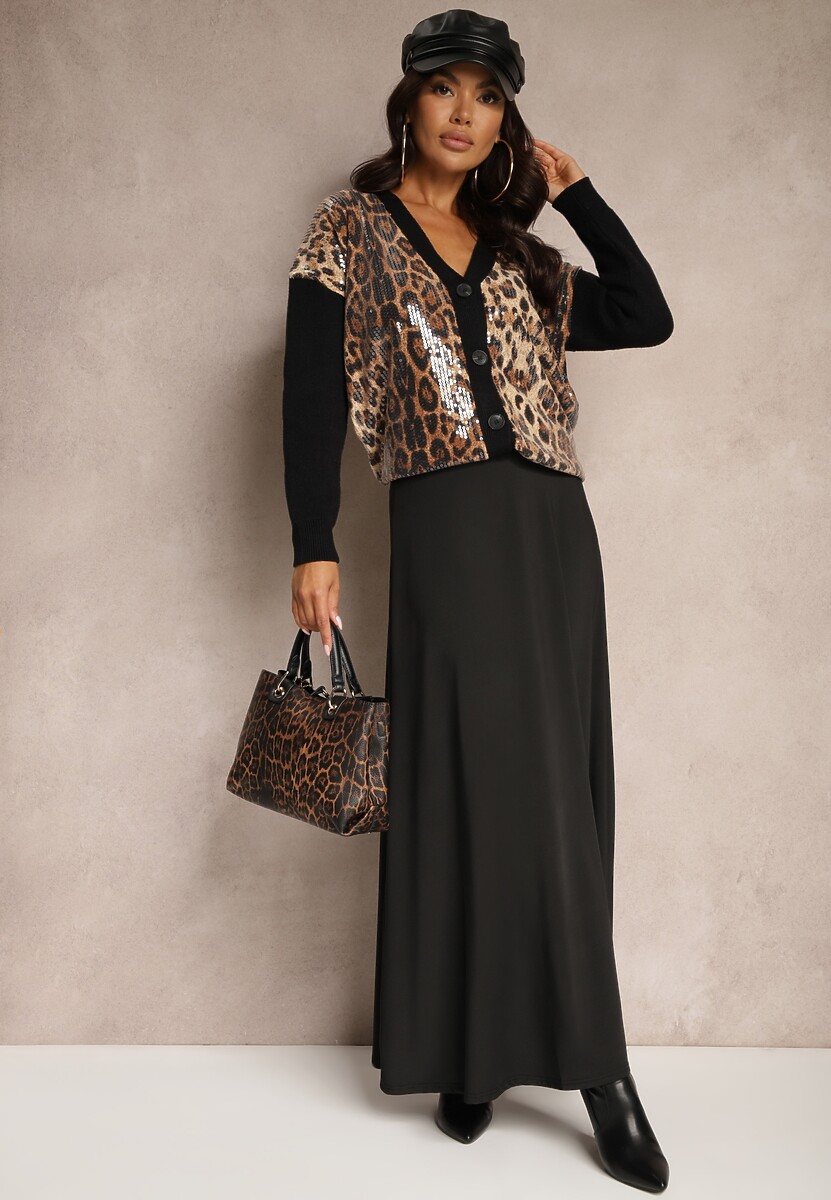 Brązowa Rozkloszowana Spódnica w Panterkę High Waist z Marszczeniem w Pasie Nolisea