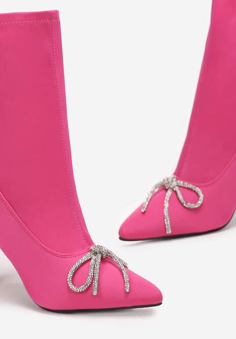 Fuksjowe Botki Skarpetkowe Ozdobione Kokardką z Cyrkoniami na Geometrycznej Szpilce Aife