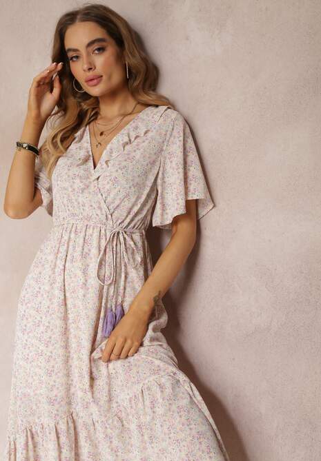 Różowo-Miętowa Sukienka Midi z Falbankami Kopertowym Dekoltem i Gumką w Pasie Denila