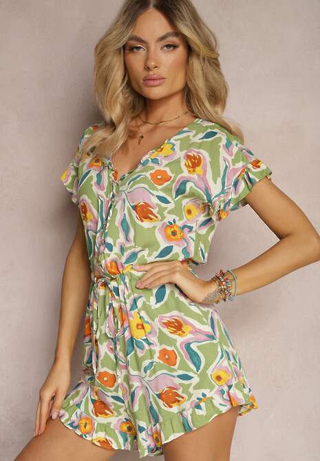 Zielony  Krótki Kombinezon z Wiskozy z Ozdobnymi Falbankami w stylu Boho Tatella