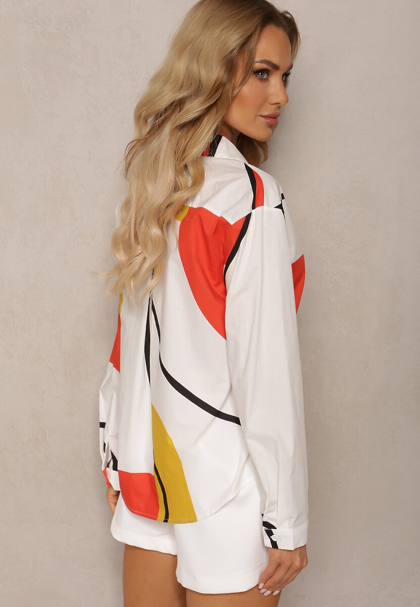 Jasnobeżowa Koszula z Bawełny Zapinana na Guziki z Kołnierzem o Nieregularnym Wzorze Pilines