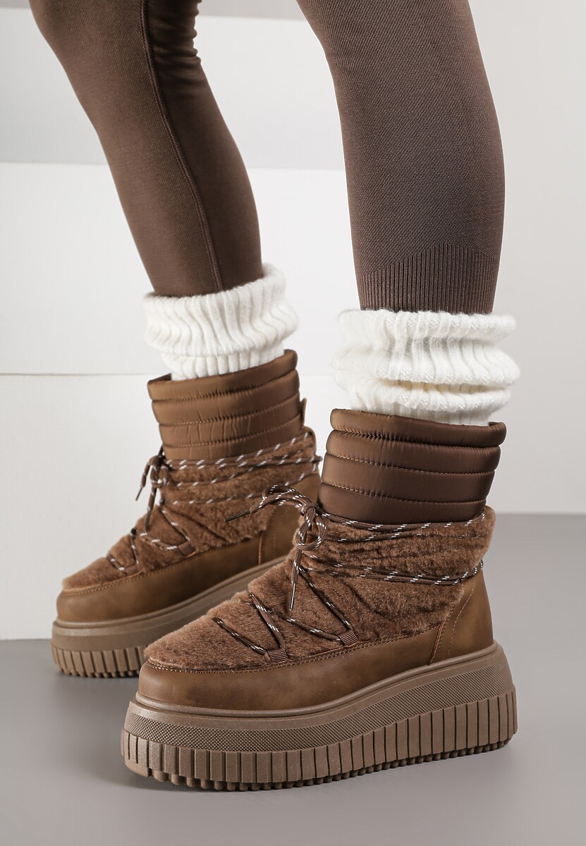Brązowe Śniegowce na Platformie z Tłoczeniem Ozdobione Futerkiem i Pikowaniem Adallie