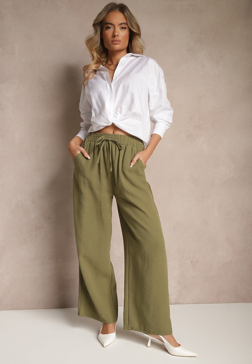 Zielone Szerokie Spodnie Palazzo High Waist z Ozdobnym Wiązaniem Arandiel