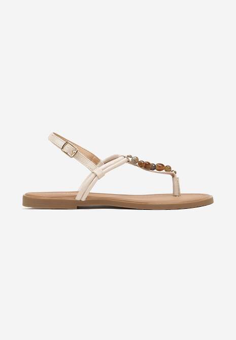 Beżowe Sandały Typu Japonki Ozdobione Koralikami Vimathea