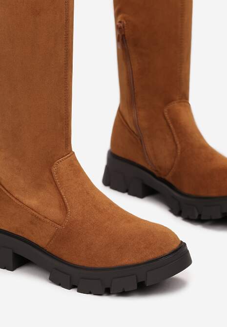 Brązowe Kozaki z Dopasowaną Cholewką za Kolano Cilki