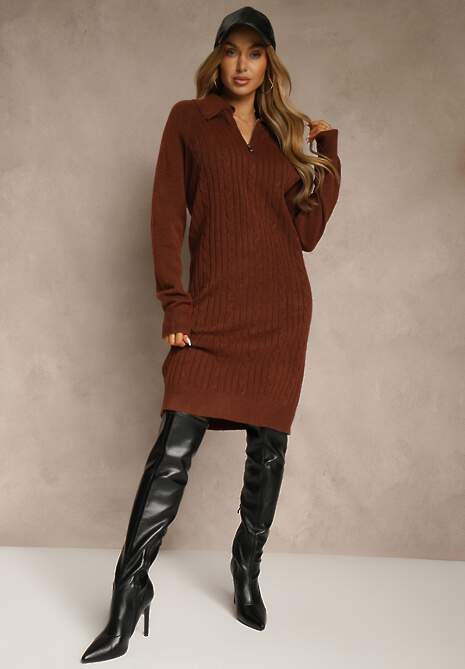 Brązowa Sweterkowa Sukienka z Bawełną i Wełną Ozdobiona Suwakiem Reinda