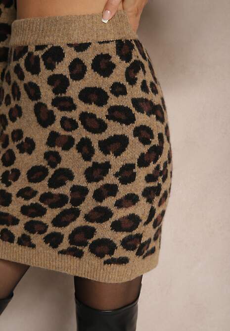 Brązowa Ołówkowa Panterkowa Spódnica z Wełną High Waist Emiritha