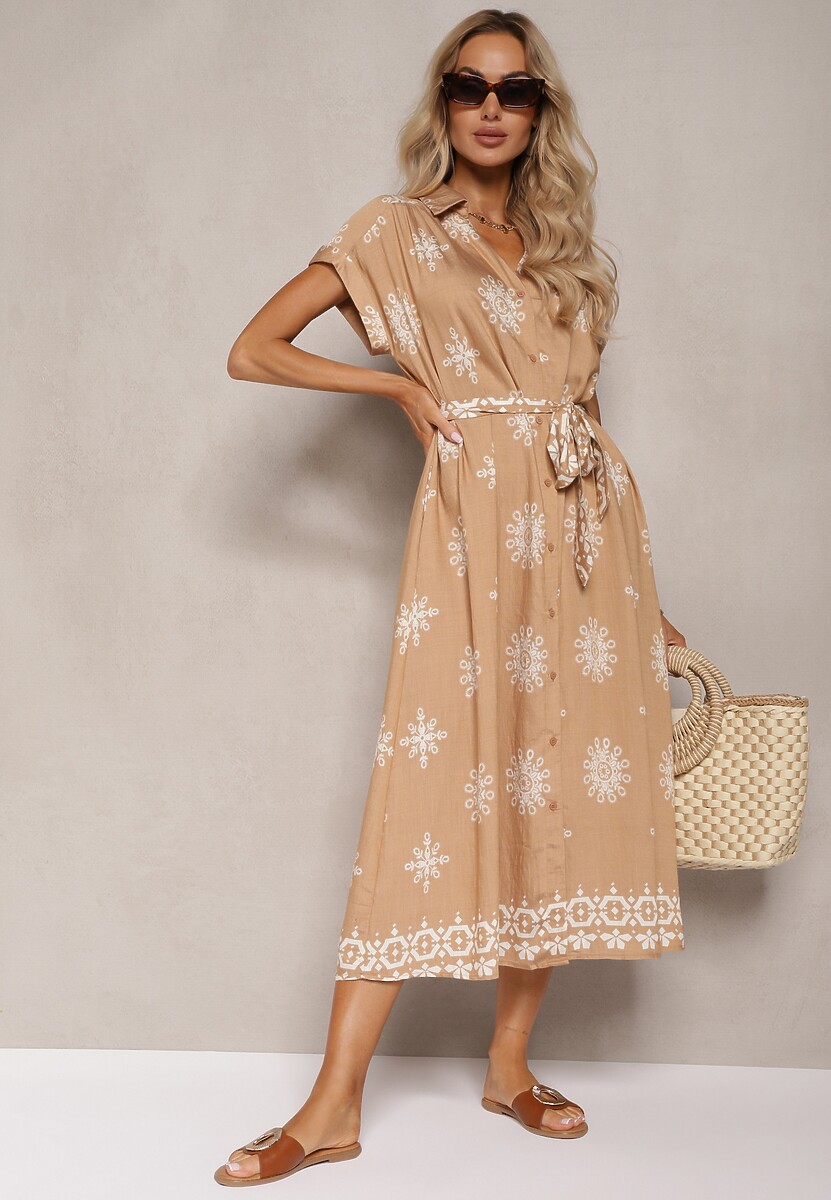 Beżowa Sukienka z Dodatkiem Wiskozy o Kroju Koszulowym Wykończona Paskiem i Guzikami Mivavia