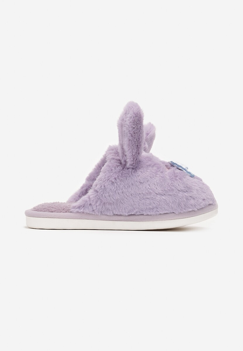 Fioletowe Kapcie ze Sztucznego Futerka i Króliczymi Uszami i Kokardą Temiha