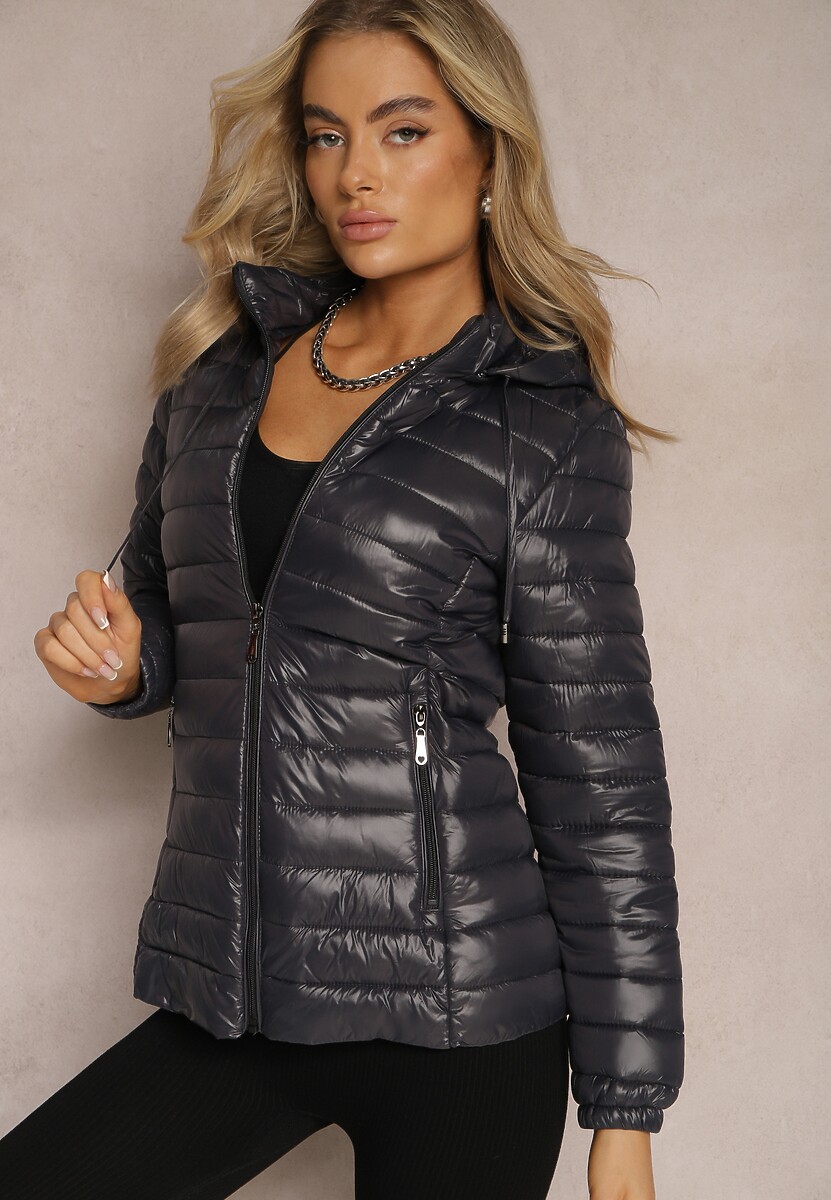 Ciemnoszara Pikowana Kurtka z Odpinanym Kapturem Telianna