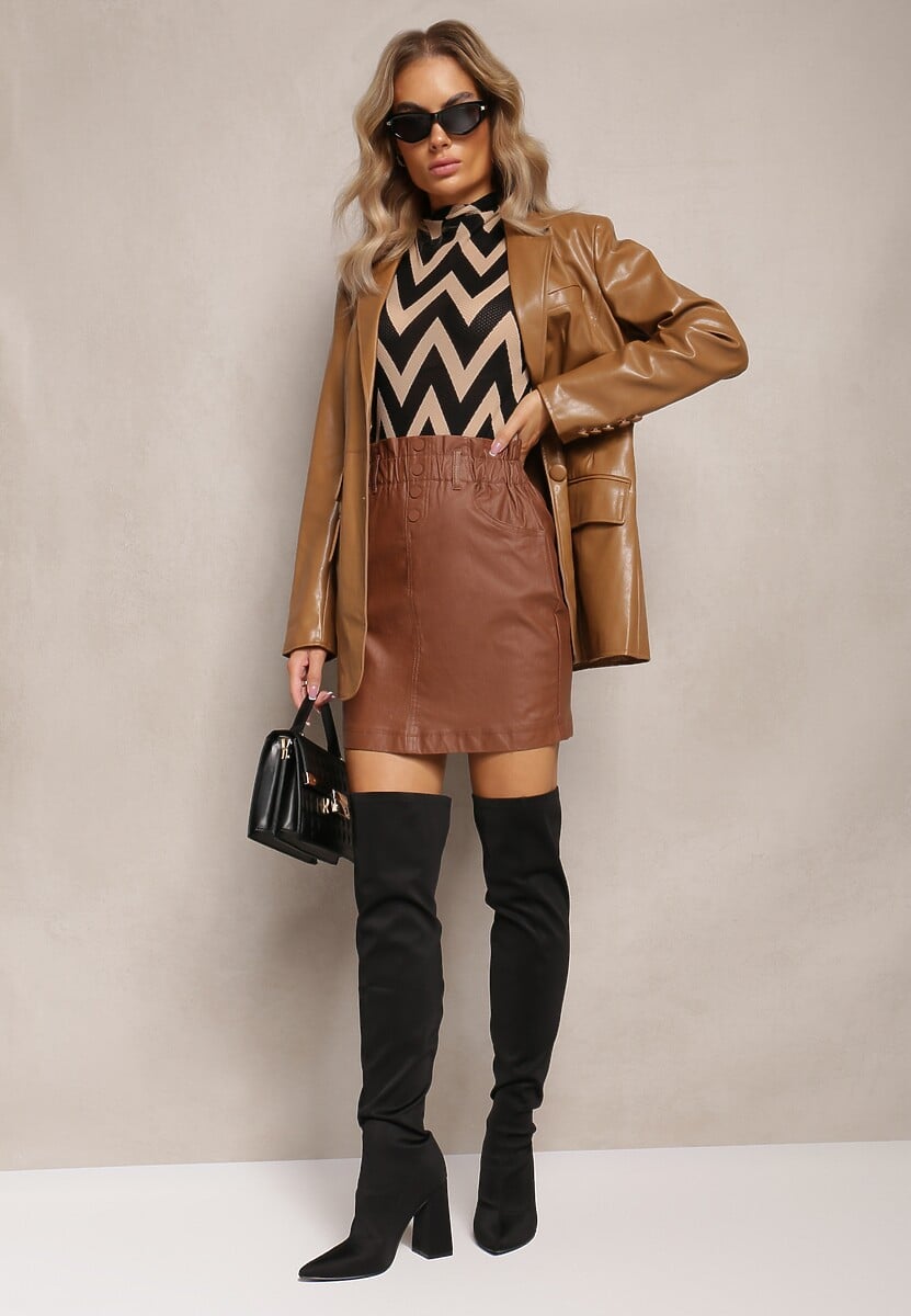 Brązowa Spódnica z Ekoskóry z Ozdobnie Marszczoną Talią Selja